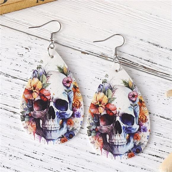 Halloween Flower Skull Pattern PU Leather Reversible Drop Earrings, New! - Picture 3 of 4